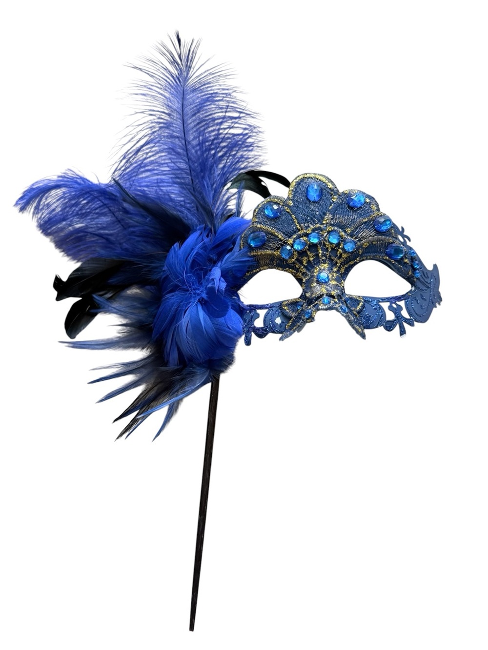 Blue Feathered Masquerade Mask with Stick